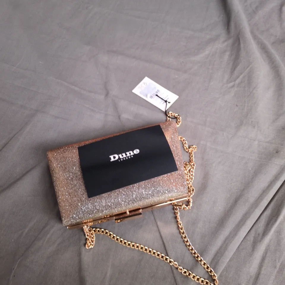 DUNE LONDON GLITTER CLUTCH BAG WITH CHAIN – ROSE GOLD