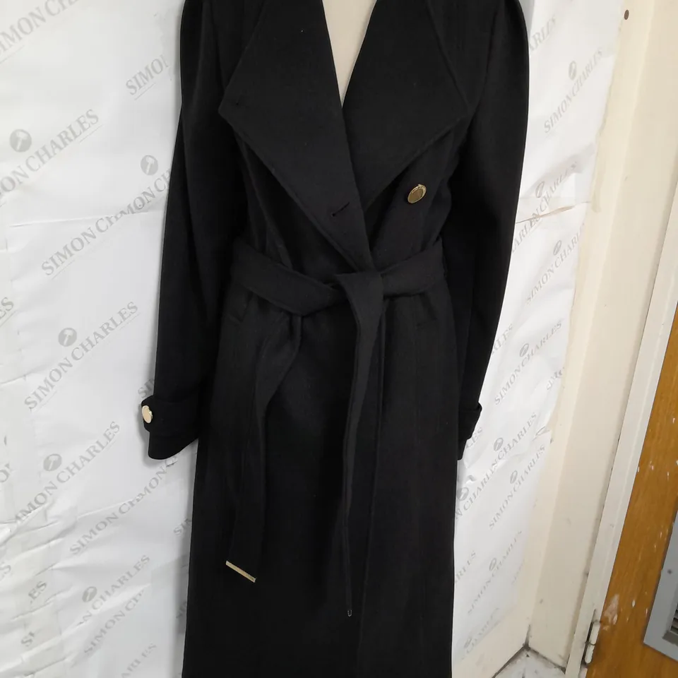 RIVER ISLAND LADIES LONG BLACK COAT POPPER FASTENING AND BELT SIZE 12