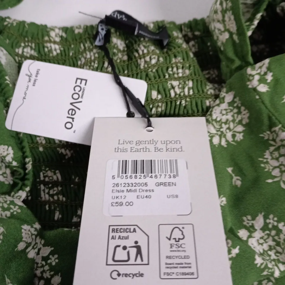 NOBODY'S CHILD ELSIE MIDI DRESS – GREEN FLORAL PRINT – UK 12 (EU 40, US 8)