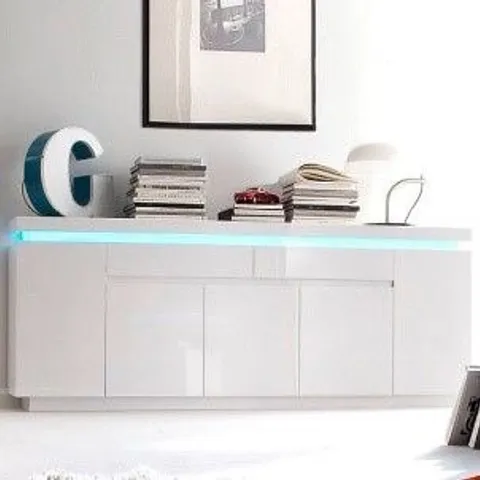 BOXED ODESSA 5 DRAWER LOWBOARD TV STAND IN HIGH GLOSS WHITE WITH LED (2 BOXES)