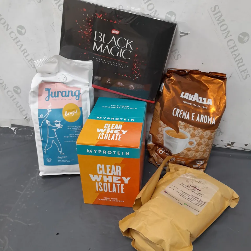 APPROXIMATELY 5 ASSORTED FOOD AND DRINK TO INCLUDE MYPROTEIN CLEAR WHEY ISOLATE, JURANG BRAZIL COFFEE BEANS, NESCAFE BLACK MAGIC CHOCOLATE BOX, LAVAZZA CREMA E AROMA COFFEE BEANS