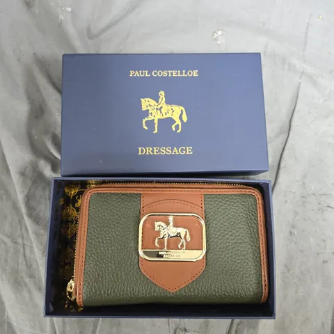 Paul Costelloe Dressage Leather Wallet – Green & Tan with Gold Horse Buckle