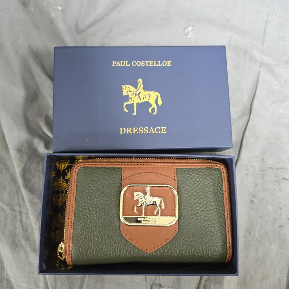 Paul Costelloe Dressage Leather Wallet – Green & Tan with Gold Horse Buckle