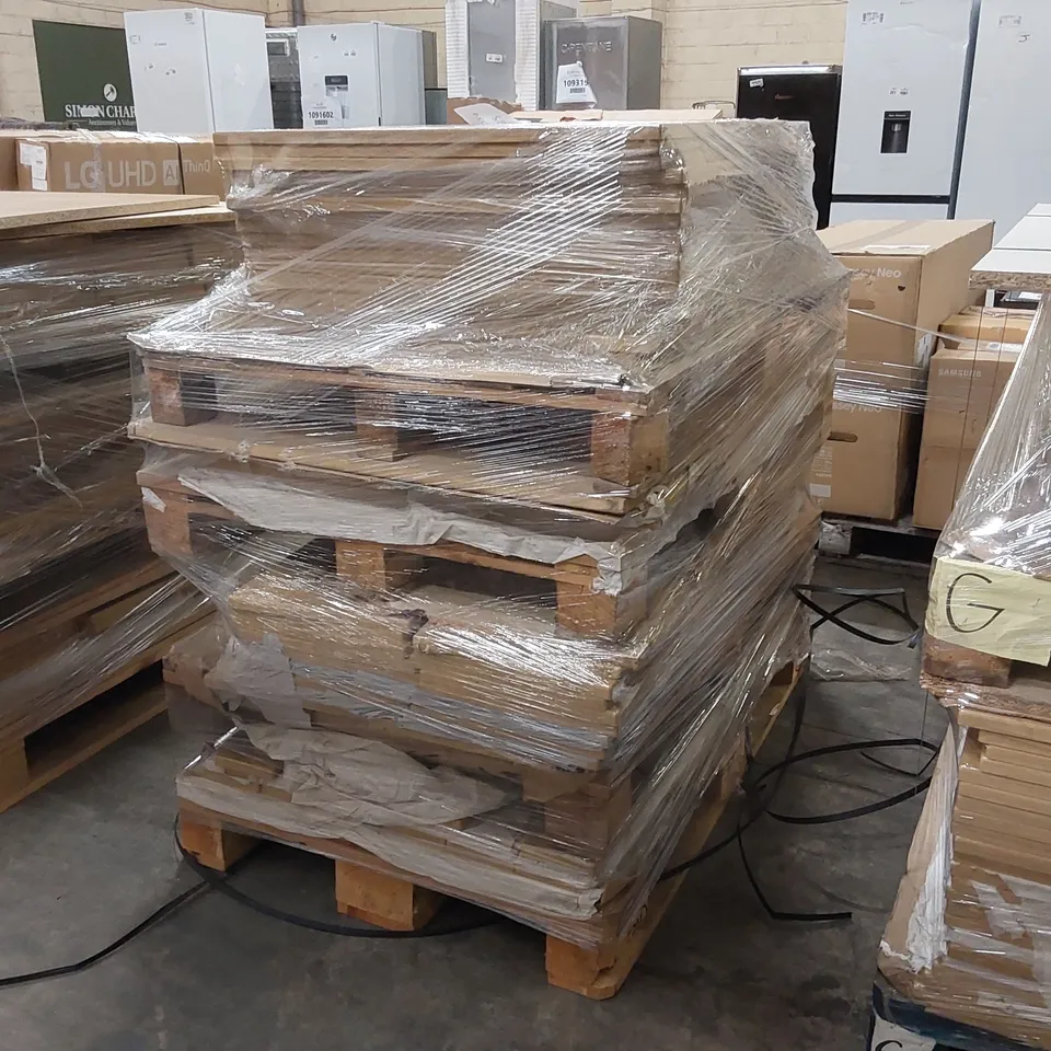 PALLET OF APPROXIMATELY 95 brand new CANTERBURY LISSA OAK KITCHENS/BEDROOM REPLACEMENT CABINET DOOR/DRAWER/END PANELS IN ASSORTED SIZES TO INCLUDE;