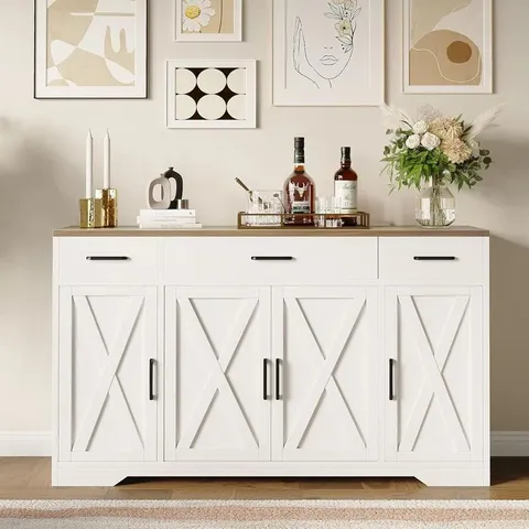 BOXED LARGE SIDEBOARD BUFFET STORAGE CABINET, WITH 3-DRAWER AND 4 DOORS - WHITE/BROWN (1 BOX)