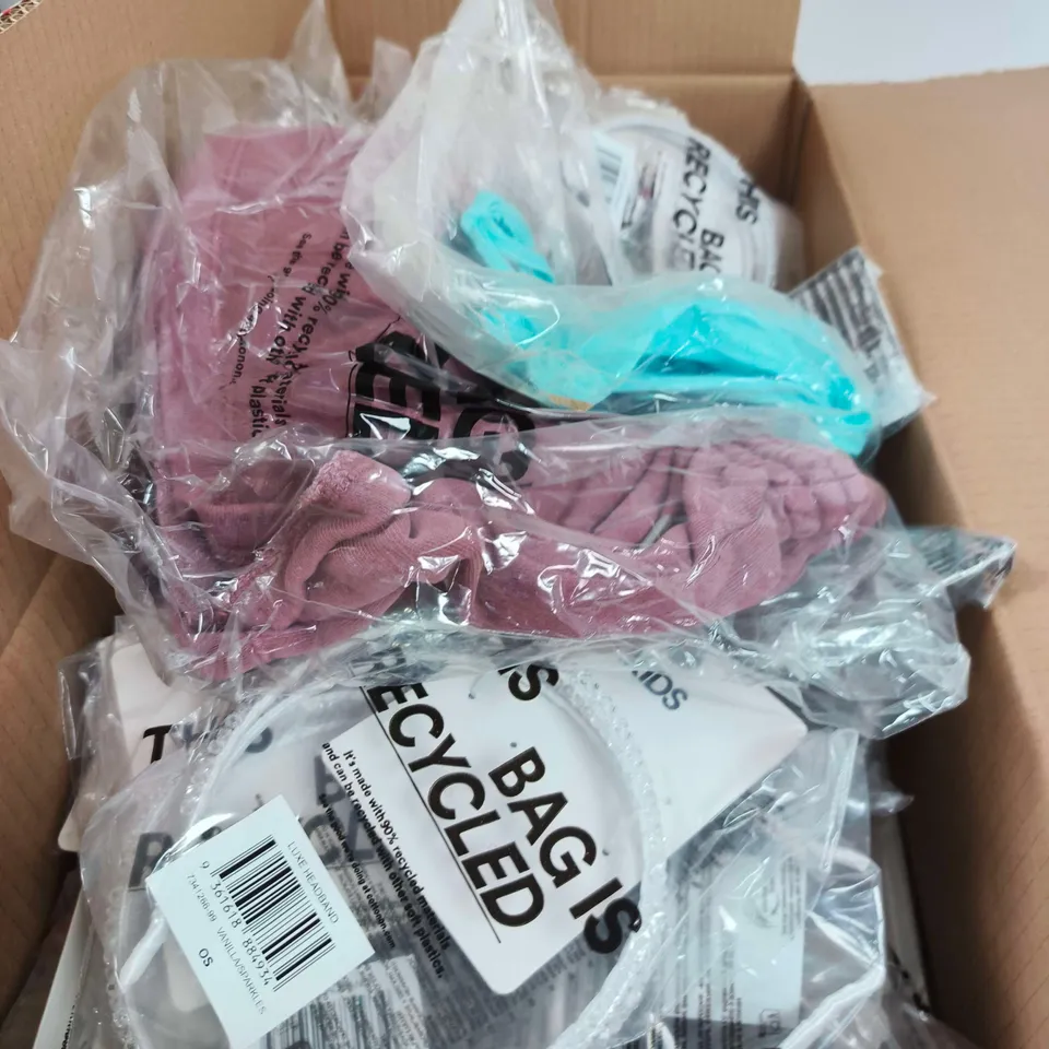 BOX OF APPROXIMATELY 30 ASSORTED CLOTHING ITEMS TO INCLUDE ALL DAY TUBE TOP, FLEECE MICRO SHORTS, LUXE HEADBAND ETC