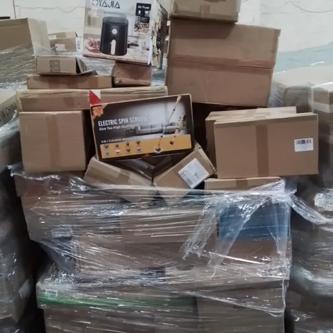 PALLET CONTAINING VARIOUS ASSORTED BOXED ITEMS TO INCLUDE. AIR FRYERS, ELECTRIC SPIN SCRUBBER, CAT FOOD AND WATER BOWL SETS, COOKWARE SET AND LOTS MORE UNMARKED BOXED ITEMS