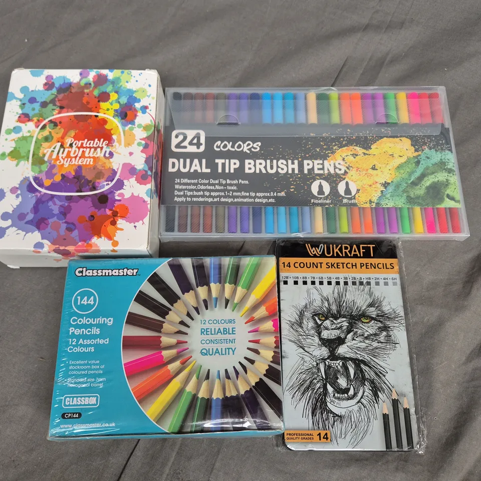 LOT OF 4 ASSORTED CRAFT ITEMS TO INCLUDE SKETCH PENCILS, BRUSH PENS AND AIRBRUSH SYSTEM