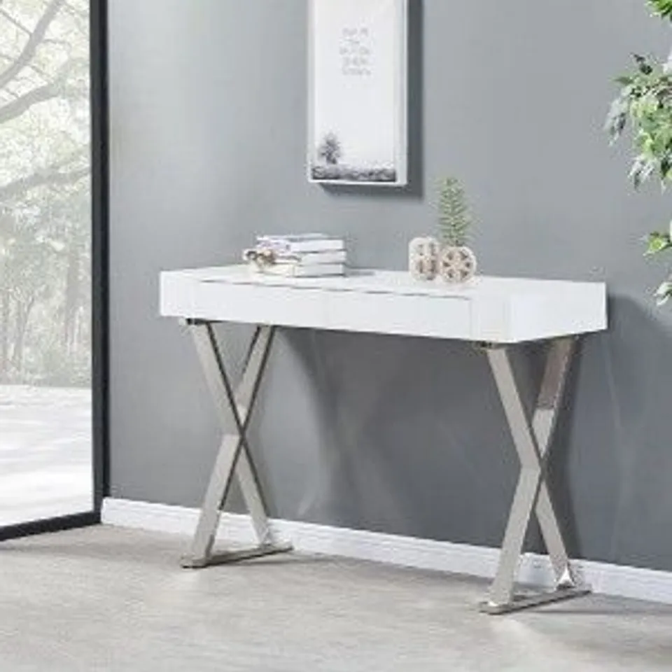 BRAND NEW BOXED MAYLINE CONSOLE TABLE IN WHITE HIGH GLOSS 120 X 40 X 80CM (1 BOX)