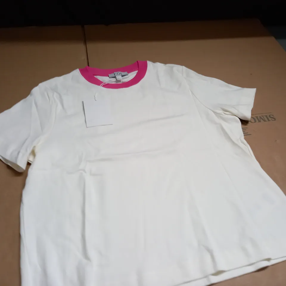 COS WHITE T-SHIRT WITH PINK TRIM - EUR M