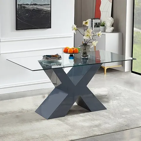 BOXED ZANTI CLEAR GLASS DINING TABLE WITH PU GREY HIGH GLOSS LEGS (2 BOXES)