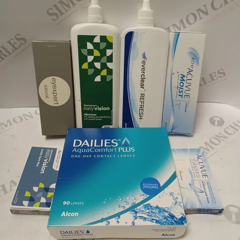 BOX OF APPROX 25 ASSORTED CONTACT LENSES AND SOLUTIONS