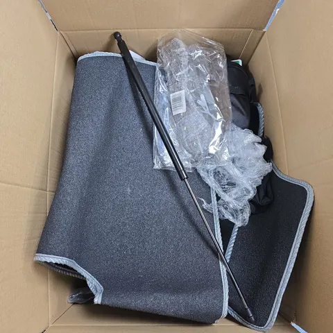 BOX OF ASSORTED CAR ITEMS AND TOOLS TO INCLUDE - BOLTS - FLOOR MATS - BOOT STRUTS / COLLECTION ONLY