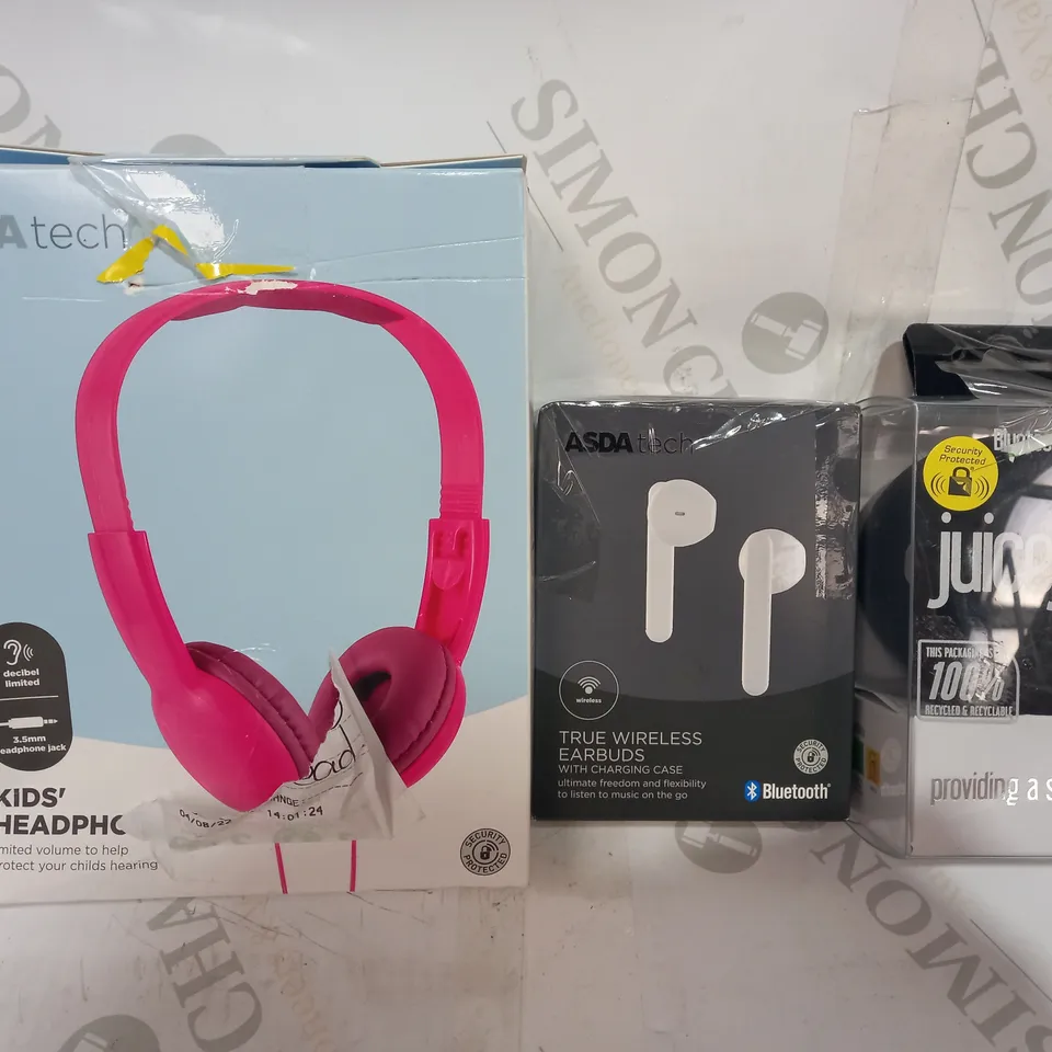 LOT OF APPROXIMATELY 20 ASSORTED HOUSEHOLD ITEMS TO INCLUDE ASDA TECH KIDS HEADPHONES, ASDA TECH TRUE WIRELESS EARBUDS, JUICEJUMBO MARSHMALLOW BLUETOOTH SPEAKER, ETC