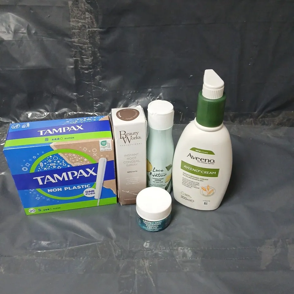 APPROXIMATEY 15 ASSORTED HEALTH AND BEAUTY PRODUCTS TO INCLUDE TAMPAX TAMPON, AVEENO CREAM AND BEAUTY WORKS INSTANT ROOT CONCEAL SPRAY