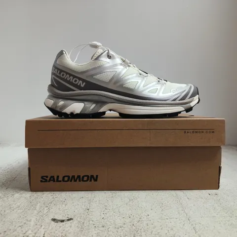 BOXED PAIR OF SALOMON XT-6 TRAINERS IN VANILLA ICE/SILVER/LILAC ASH SIZE UK 4.5