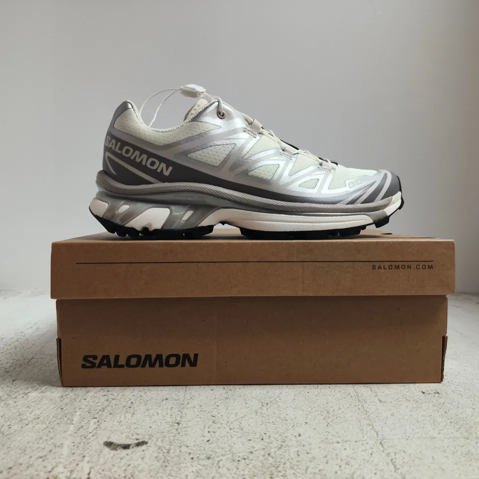 BOXED PAIR OF SALOMON XT-6 TRAINERS IN VANILLA ICE/SILVER/LILAC ASH SIZE UK 4.5