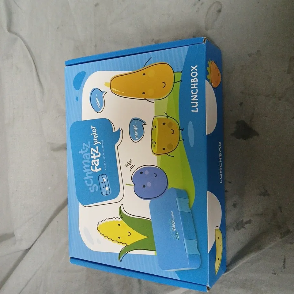 SCHMATZ FATZ JUNIOR LUNCHBOX WITH BLUE CARTOON FRUIT DESIGN – BOXED