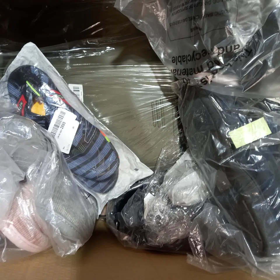 BOX OF APPROXIMATELY 10 ASSORTED PAIRS OF SHOES AND FOOTWEAR ITEMS IN VARIOUS STYLES AND SIZES TO INCLUDE FILA, RALPH LAUREN, ETC
