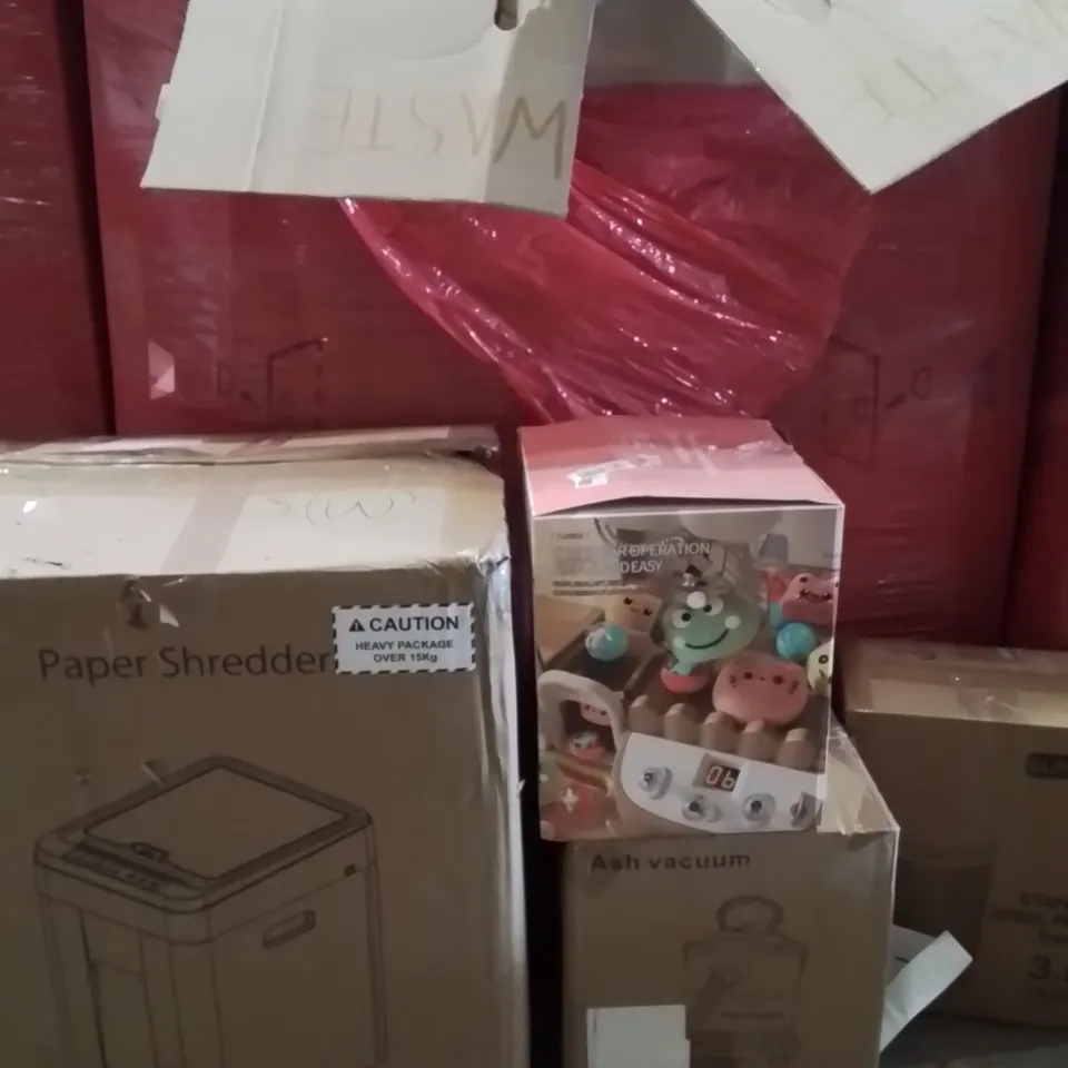 PALLET OF ASSORTED HOUSEHOLD PRODUCTS AND ITEMS TO INCLUDE; PAPER SHREDDER,ASH VACUUM,STAINLESS STEEL PEDAL TRASH BIN