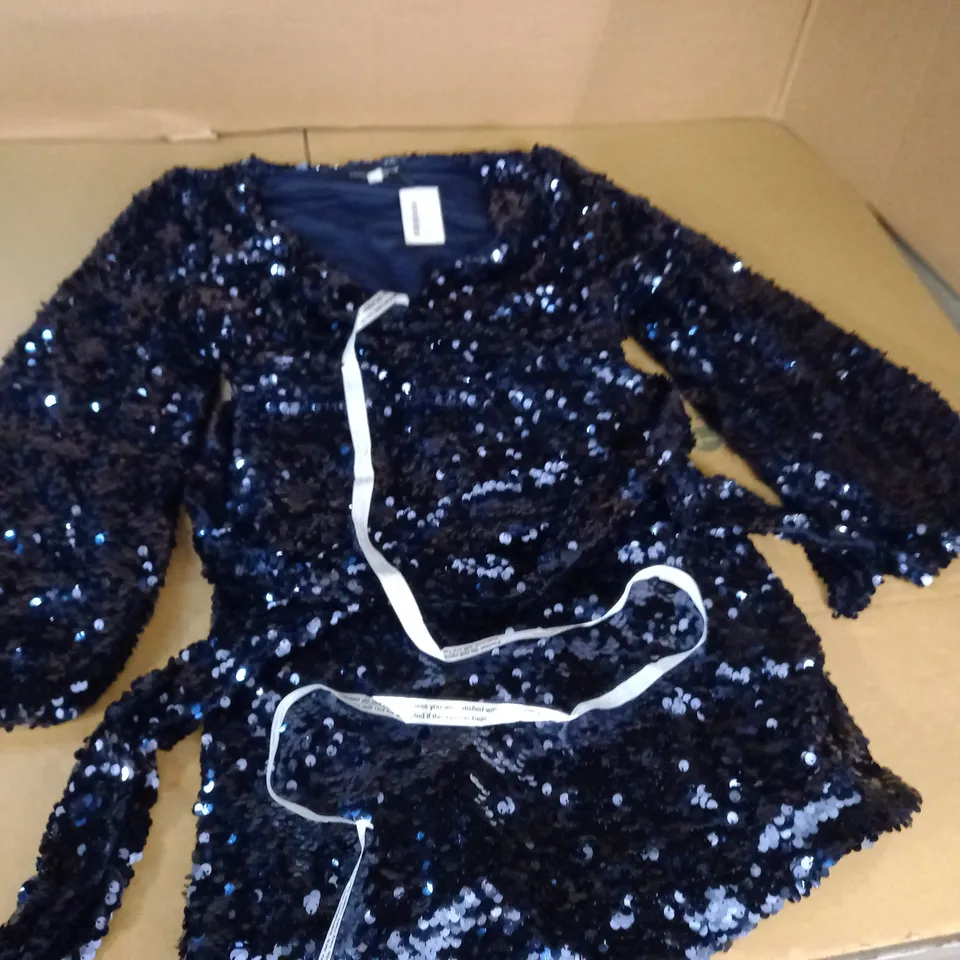 DOROTHY PERKINS NAVY SEQUIN WRAP MINI DRESS - 12