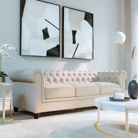 BOXED HAMPTON IVORY PLUSH FABRIC 3 SEATER CHESTERFEILD SOFA (1 BOX)