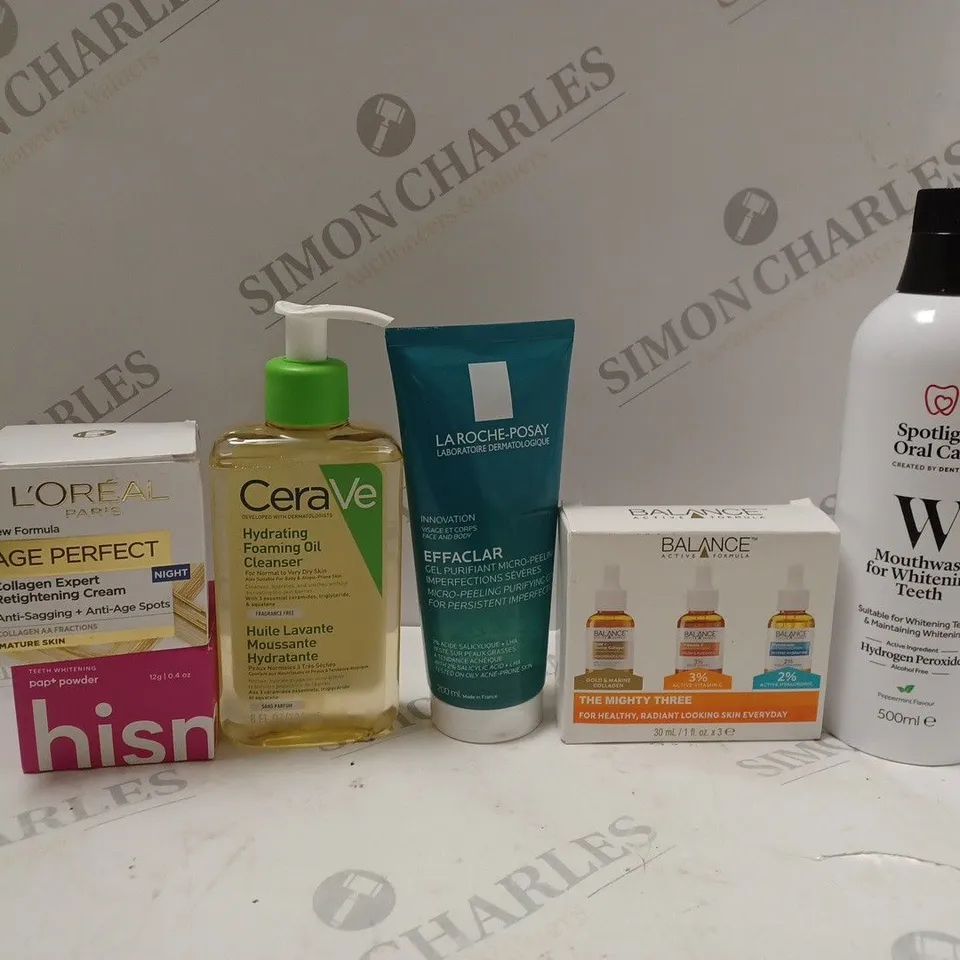 APPROXIMATELY 6 ASSORTED COSMETICS ITEMS TO INCLUDE LA ROCHE-POSAY BODY WASH (200ml), LOREAL PARIS AGE PERFECT CREAM (50ml), BALANCE ACTIVE FORMULA SET, ETC
