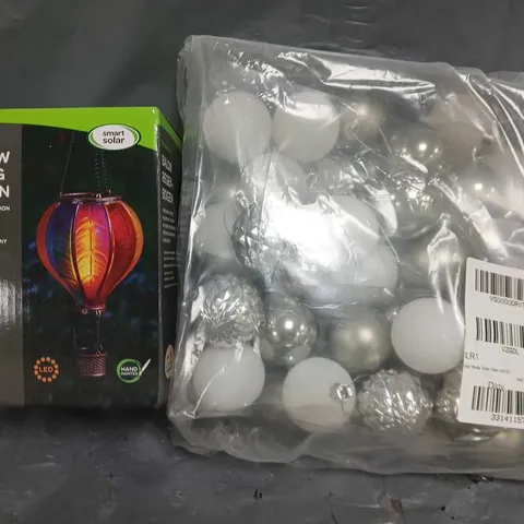 BOX OF APPROXIMATELY 8 ASSORTED HOUSEHOLD ITEMS TO INCLUDE CHRISTMAS DECORATIONS, SOLAR POWERED RAINBOW FLAMING BALLOON, ETC - COLLECTION ONLY
