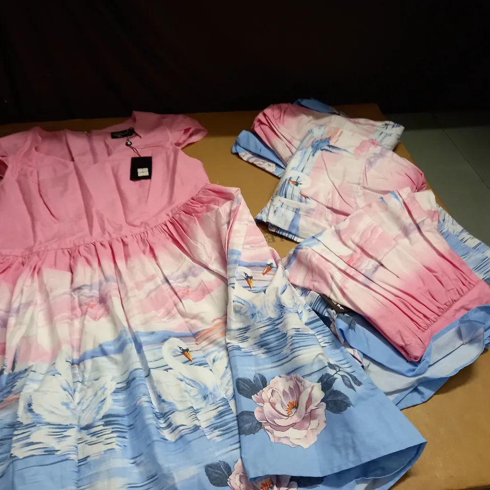 LOT OF 4 HELL BUNNY SWAN THEMED GRADIENT DRESSES IN PINK/BLUE - VARIOUS SIZES