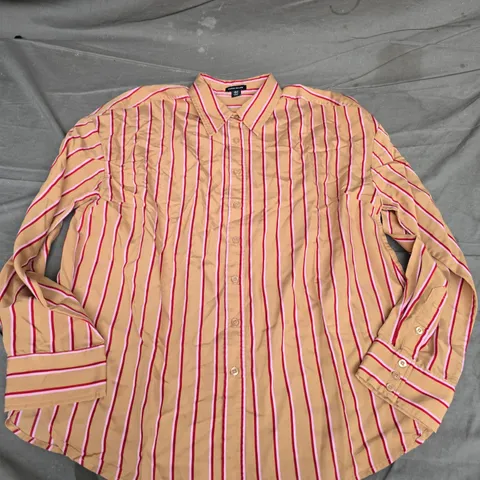 KAREN MILLEN STRIPE SHIRT - BEIGE WITH PINK/RED STRIPES - WOMEN'S UK 14