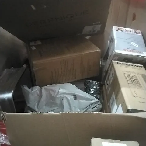 A PALLET CONTAINING ASSORTED HOUSEHOLD GOODS AND PRODUCTS TO INCLUDE; AIR FRYER, AIR COOLER, BLAMELESS FAN, BOXED FURNITURE ETC