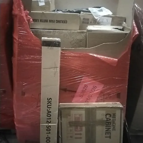 PALLET OF ASSORTED HOUSEHOLD GOODS AND PRODUCTS TO INCLUDE; MEDICINE CABINET, GARDEN UMBRELLA, CEILING FAN WITH LIGHT ETC
