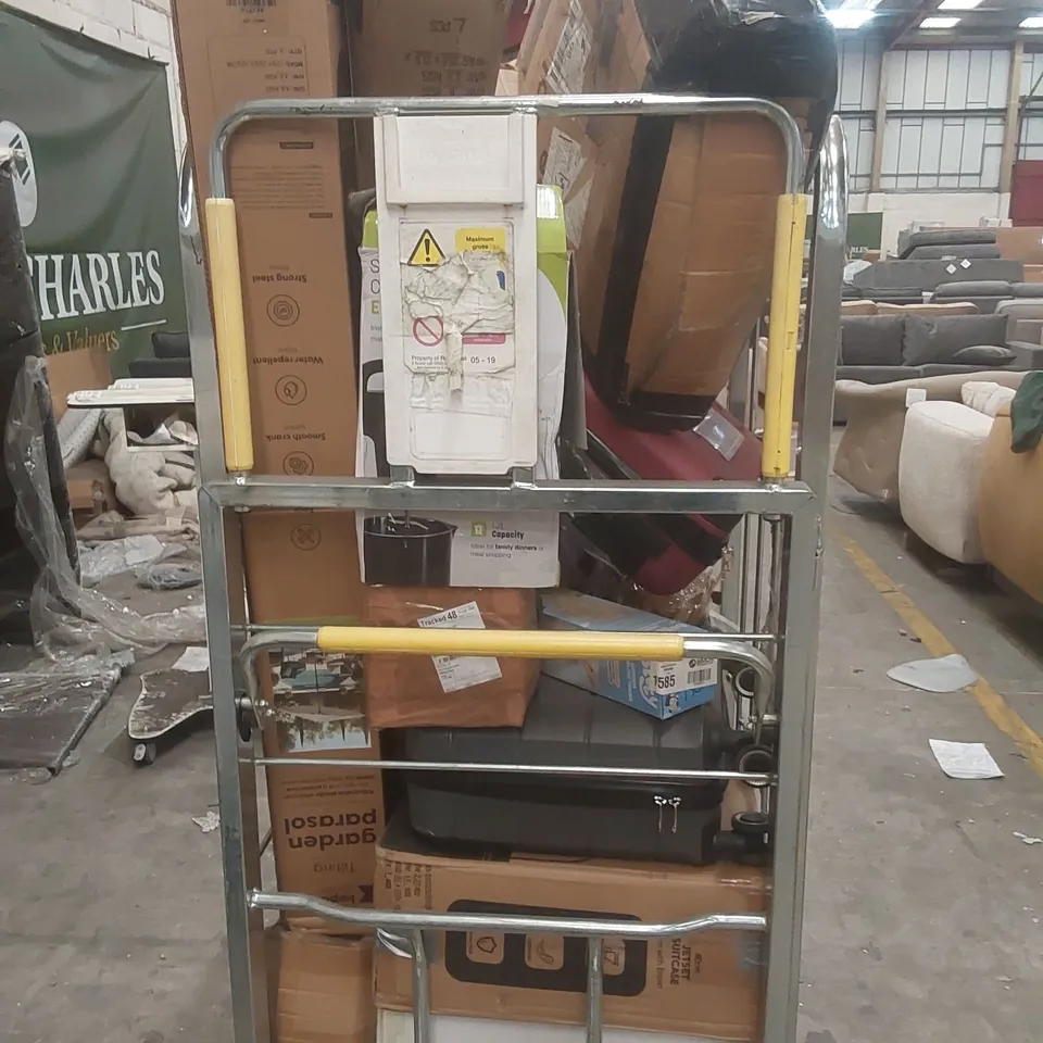 CAGE CONTAINING A LARGE QUANTITY OF ASSORTED ITEMS INCLUDING: SUITCASES, GARDEN PARASOL, BABY PLAYPEN, CAMPING CHAIRS ECT // CAGE NOT INCLUDED