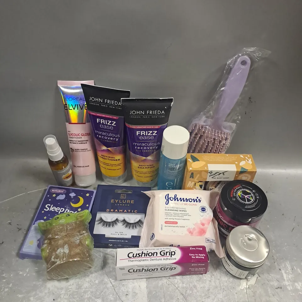 APPROXIMATELY 20 ASSORTED COSMETIC PRODUCTS TO INCLUDE - ELF OFF MAKEUP REMOVER - MANIC PANIC HOT HOT PINK HAIR DYE - L'OREAL ELVIVE GLYCOLIC GLOSS CONDITIONER - ETC