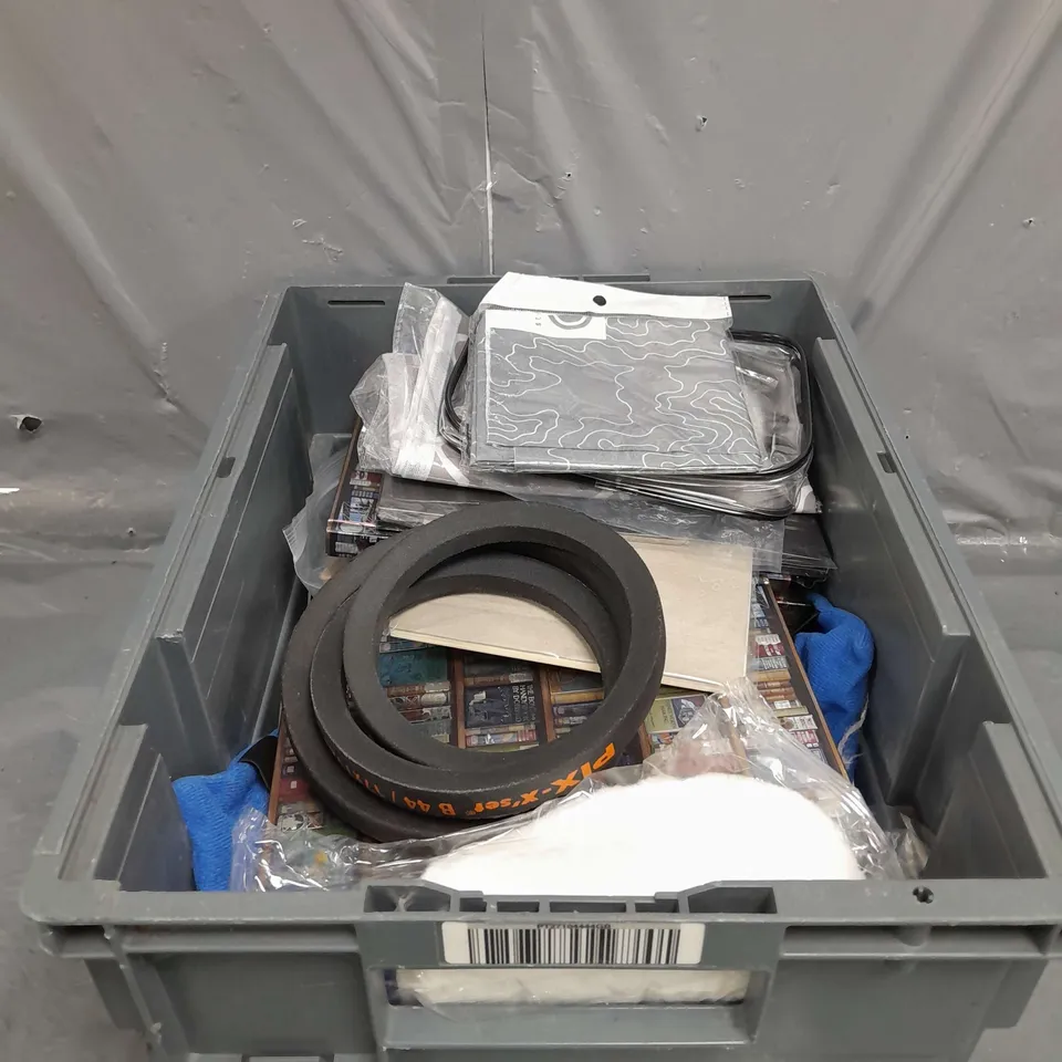 TOTE OF APPROX 10 HOUSEHOLD ITEMS TOO INCLUDE BOOKS , UNIBOND ADHESIVE , MINI CONTROL BOARD , ETC. 