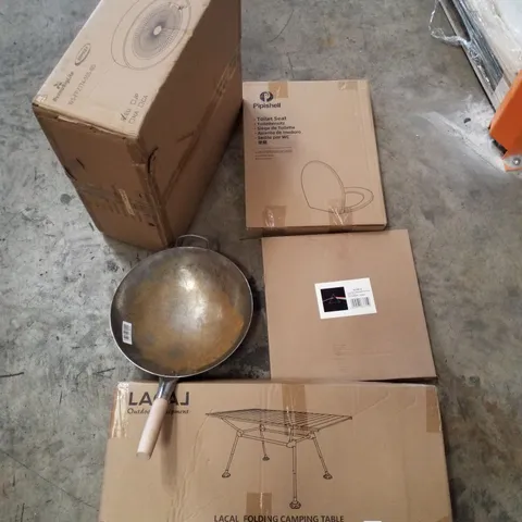 PALLET CONTAINING ASSORTED PRODUCTS INCLUDING CEILING FAN LIGHT, TOILET SEAT, WOK, WALL PRINT DECO & FOLDING CAMPING TABLE