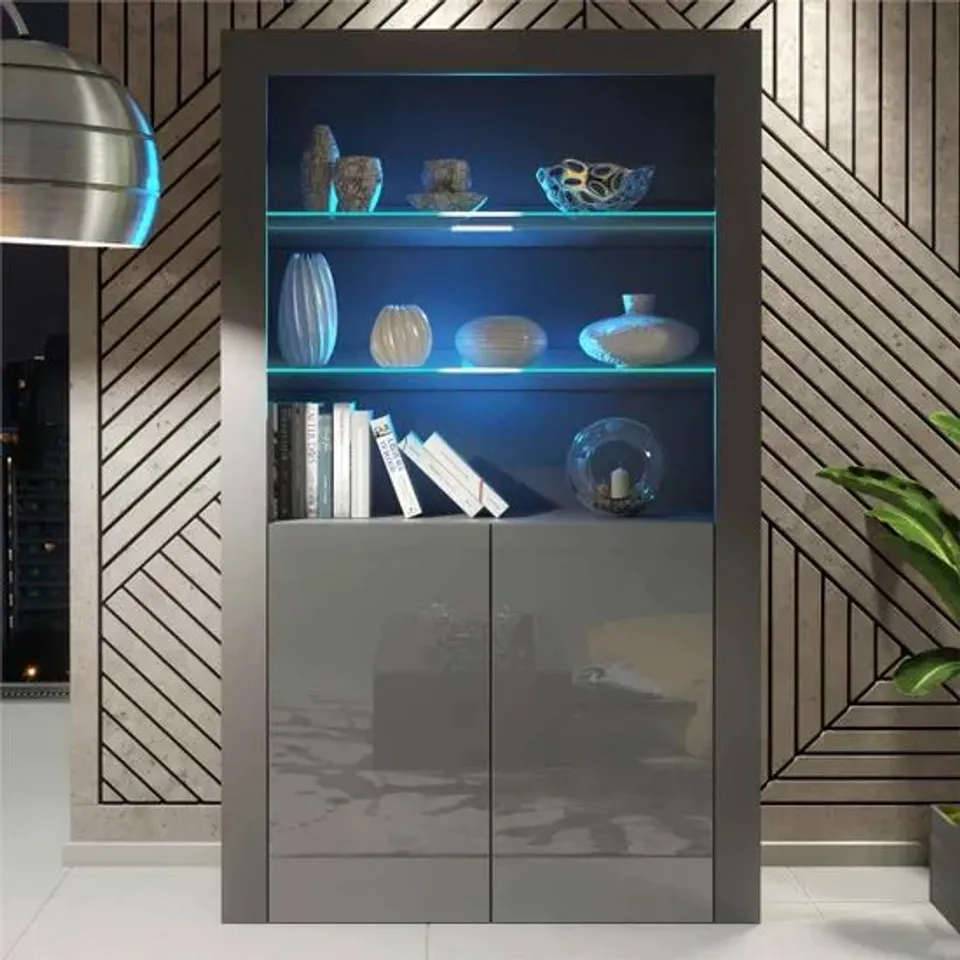 BOXED CREATIVE FURNITURE SPECTRUM DISPLAY CABINET 170CM - DARK GREY WITH GLOSS DOORS W/ LED LIGHTS (2 BOXES)