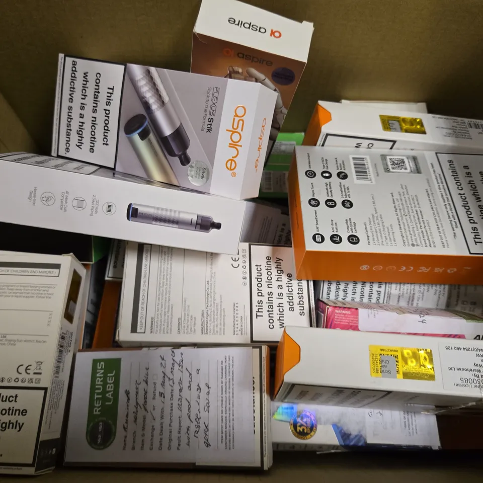 BOX OF APPROXIMATELY 15 ASSORTED E-CIGARETTES TO INCLUDE - GEEK VAPE , VAPORESSO , ASPIRE 