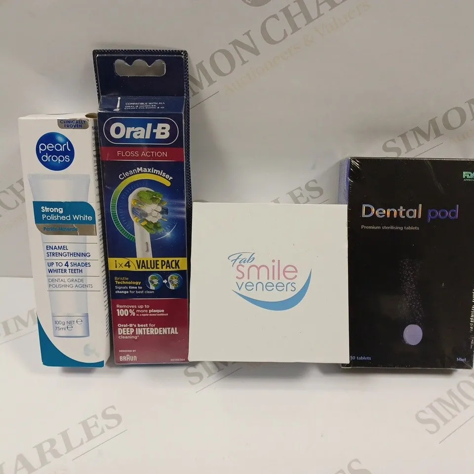 APPROXIMATELY 20 ASSORTED ORAL HYGIENE PRODUCTS TO INCLUDE PEARL DROPS STRONG POLISHED WHITE, FAB SMILE VENEERS, DENTAL POD PREMIUM STERILISING TABLETS, ORAL-B FLOSS ACTION HEADS