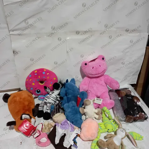 LOT OF APPROXIMATELY 10 ASSORTED TEDDIES TO INCLUDE PETER RABBIT, BUILD A BEAR AND SHOPKINS