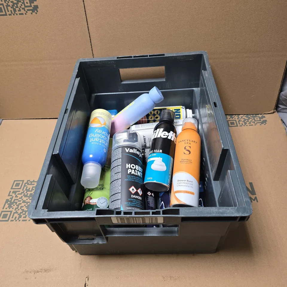TOTE OF APPROXIMATELY 10 ASSORTED AEROSOL PRODUCTS TO INCLUDE SUPERDRUG INSTANT COOLING SPRAY, SANCTARY SPA SHOWER BURST, GILETTE FOAM, DAISE BODY SPRAY ETC