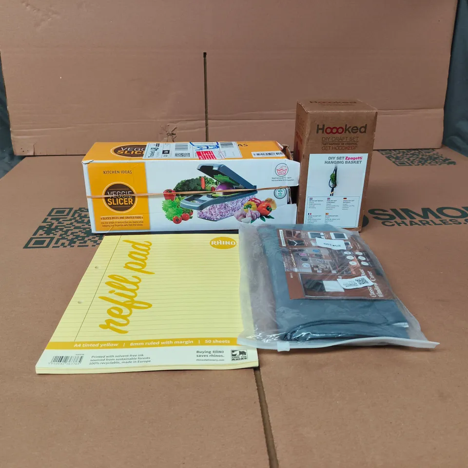 BOX OF APPROXIMATELY 20 ASSORTED ITEMS TO INCLUDE VEGGIE SLICER, A4 PAD, DIY HANGING BASKET SET, WINDOW COVER ETC