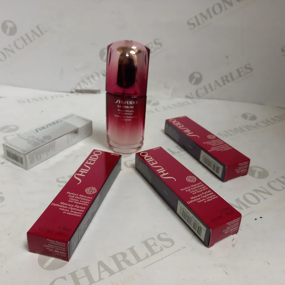 BOXED LOT OF APPROX 5 ASSORTED SHISEIDO ITEMS TO INCLUDE: MASCARA, ANTI-DARK CIRCLES GEL, INFUSING CONCENTRATE