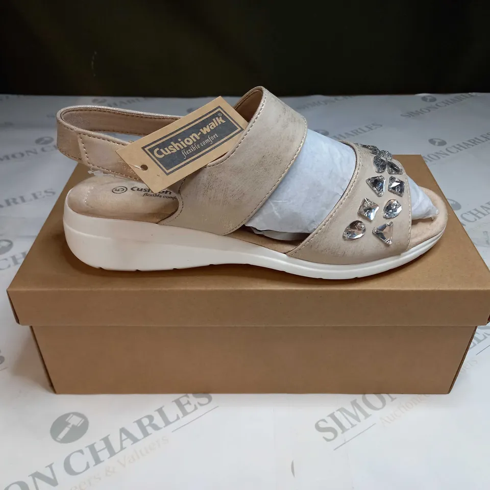 BOXED PAIR OF CUSHION WALK JEWELLED SANDALS IN GOLD - SIZE 5