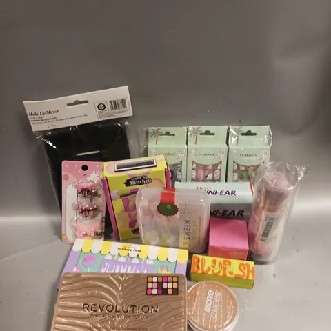 BOX OF APPROXIMATELY 15 COSMETIC ITEMS TO INCLUDE - MADE BY MITCHELL LIP KIT - REVOLUTION BIRTHDAY CAKE SHADOW PALETTE - LANEIGE LIP SLEEPING MASK ETC 