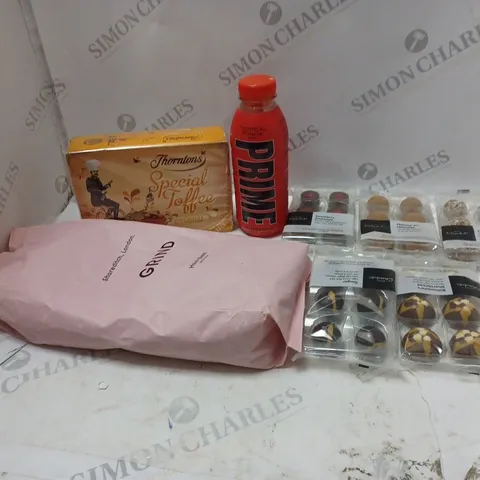 LOT OF ASSORTED FOOD AND DRINK ITEMS TO INCLUDE PRIME, HOTEL CHOCOLAT AND THORNTONS