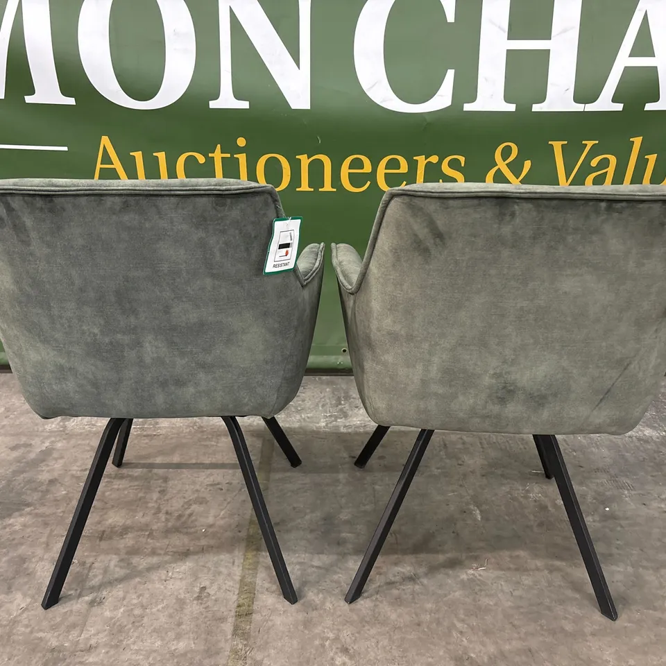 SET OF 2 DESIGNER GREEN VELVET CHAIRS WITH BLACK METAL LEGS (2 ITEMS)