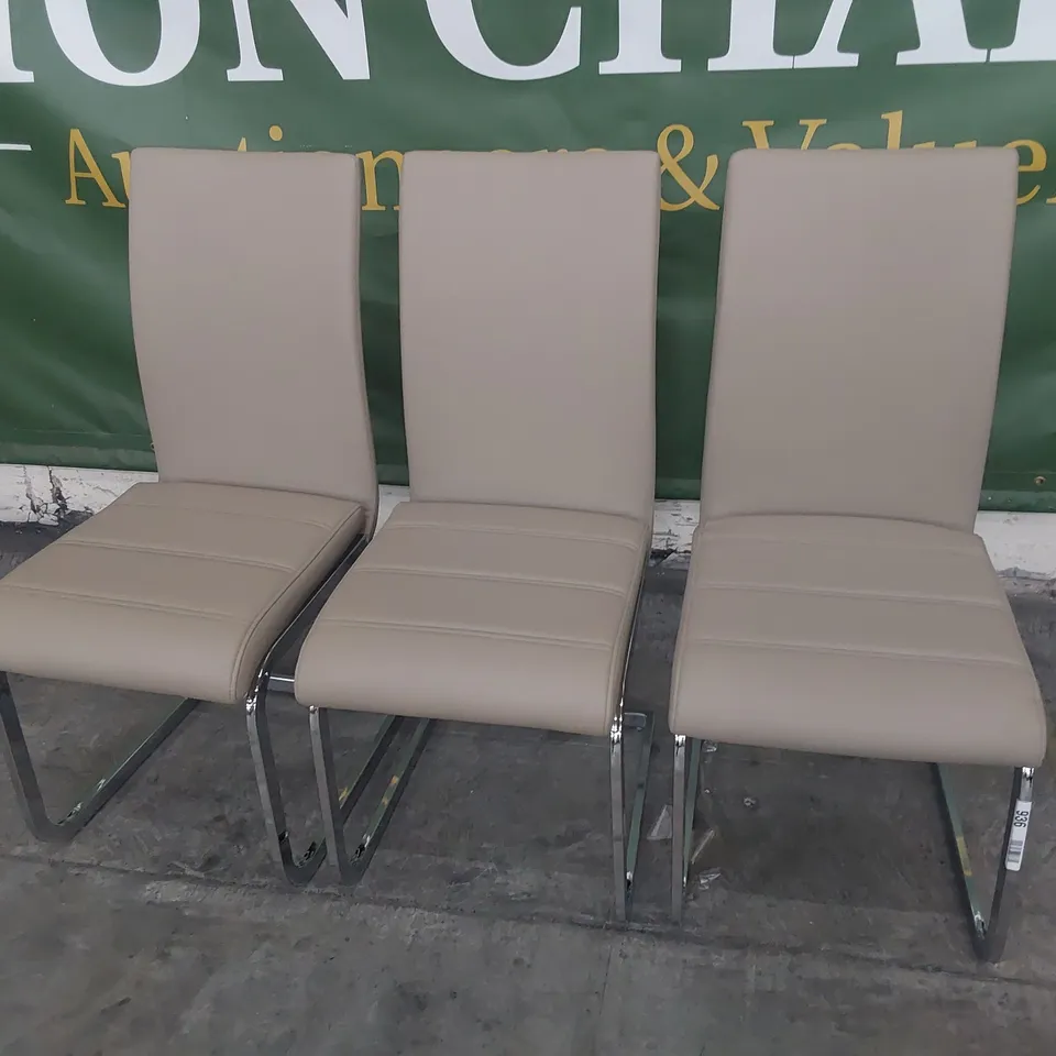 SET OF THREE UPHOLSTERED DINING CHAIRS BEIGE PU ON CHROME FRAMES 