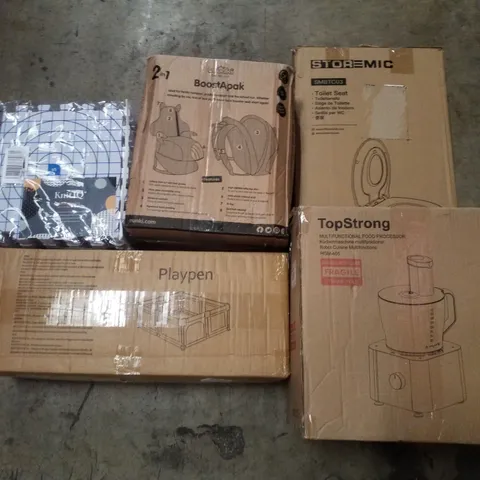 PALLET CONTAINING ASSORTED PRODUCTS INCLUDING TOILET SEAT, MULTIFUNCTIONAL FOOD PROCESSOR, PLAYPEN, TRUNKI BACKPACK/CAR SEAT & BLOCKING MATS