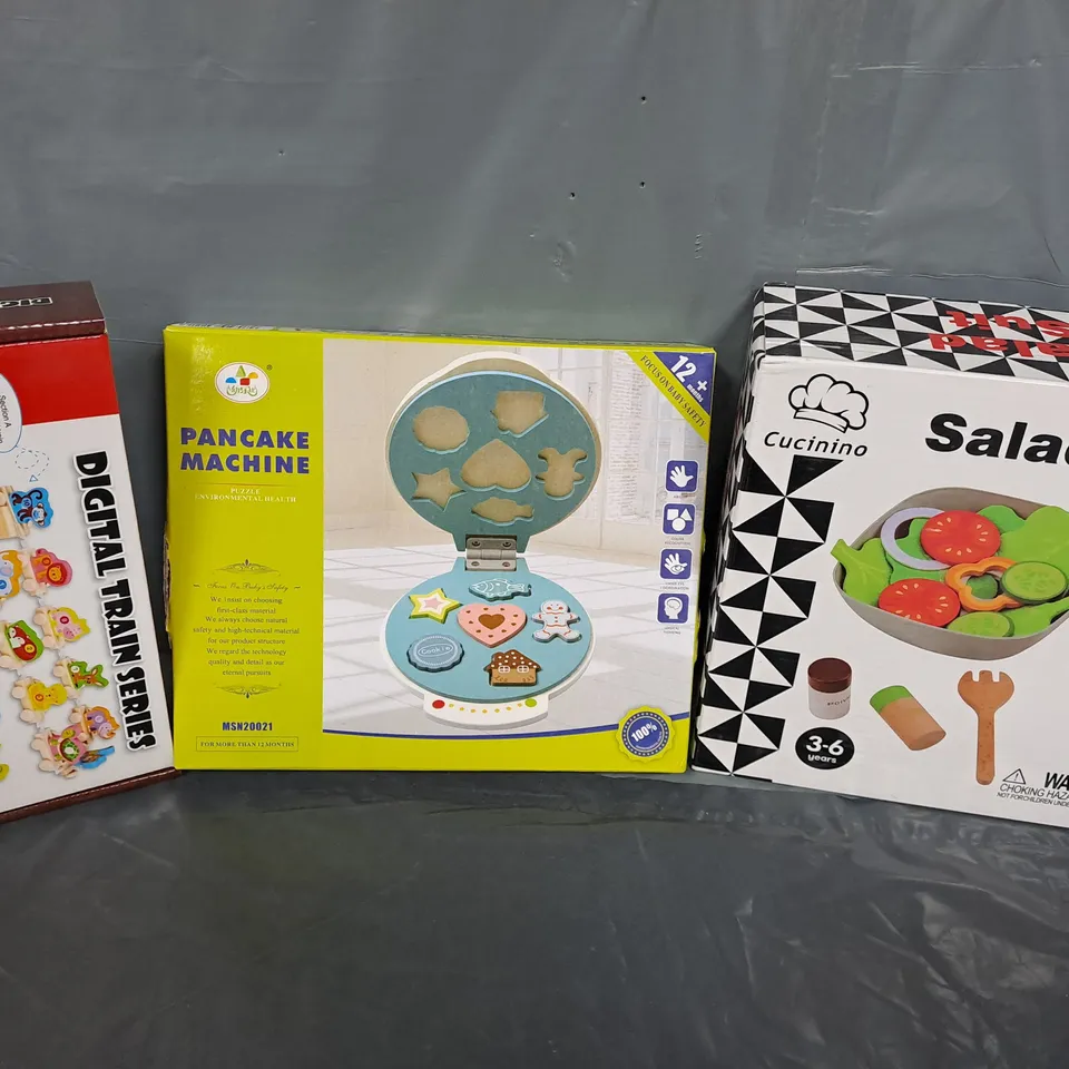 LARGE BOX OF ASSORTED WOODEN TOYS TO INCLUD SALAD SUIT, PANCAKE MAKER AND DINOSAUR TRAIN